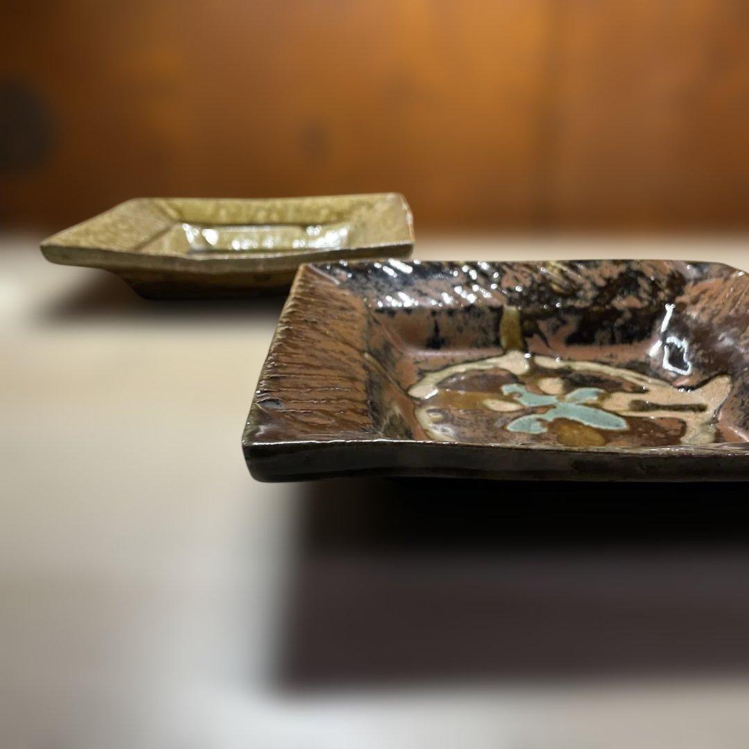 益子焼　浜田庄司　飴釉角皿　柿釉角皿　箱なし