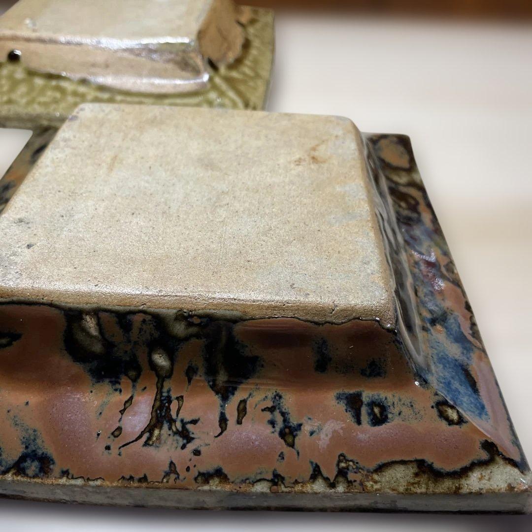 益子焼　浜田庄司　飴釉角皿　柿釉角皿　箱なし