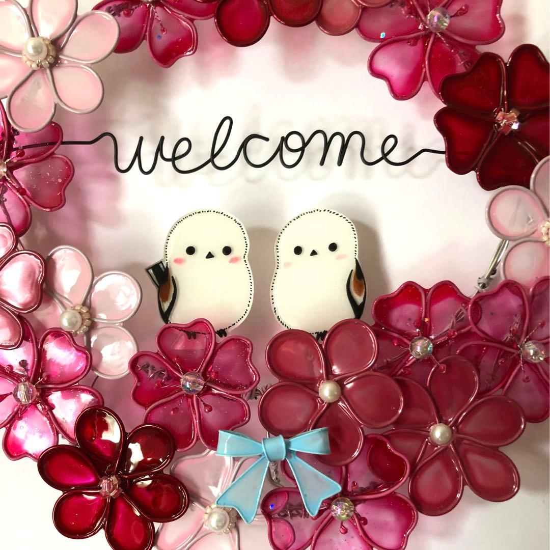 茉莉花　シマエナガとピンクのウェルカムリース　ワイヤークラフト