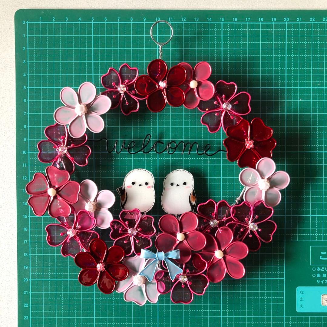 茉莉花　シマエナガとピンクのウェルカムリース　ワイヤークラフト