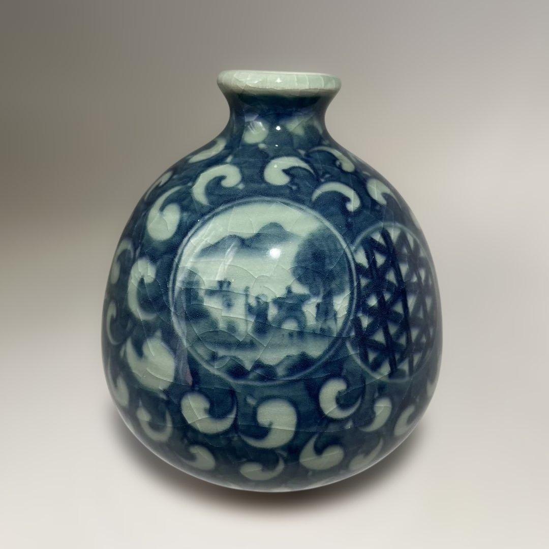 鍋島焼 祥瑞画 花瓶 鍋島青山作 藍色染付 文様 元箱 未使用品