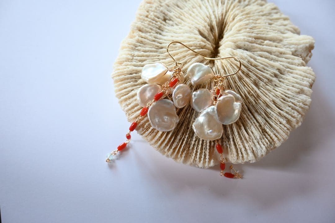SAGARIBANA ケシパールx珊瑚　ピアス／イヤリング　ウェディング