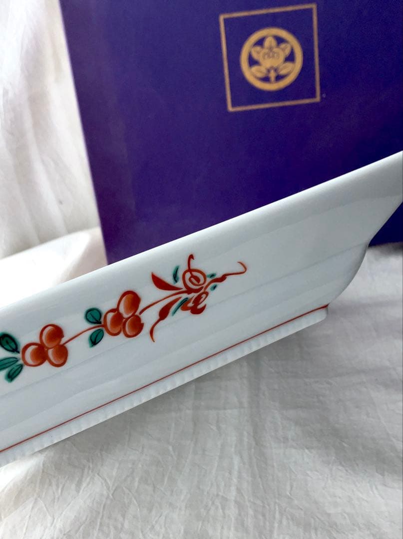 新品未使用＊たち吉 赤絵花鳥 赤玉魚藻紋 大皿／和食器 角皿 レトロ 箱付き