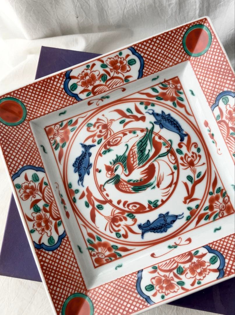 新品未使用＊たち吉 赤絵花鳥 赤玉魚藻紋 大皿／和食器 角皿 レトロ 箱付き