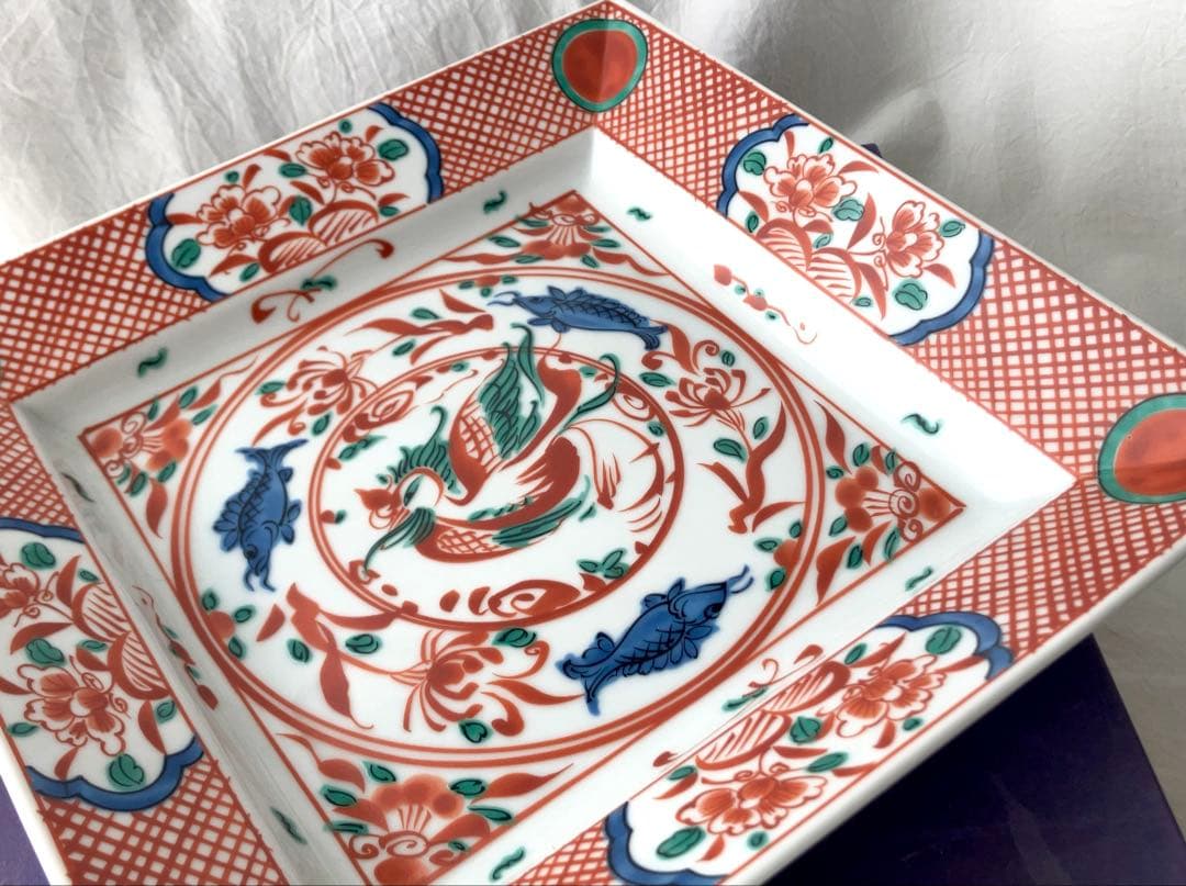 新品未使用＊たち吉 赤絵花鳥 赤玉魚藻紋 大皿／和食器 角皿 レトロ 箱付き