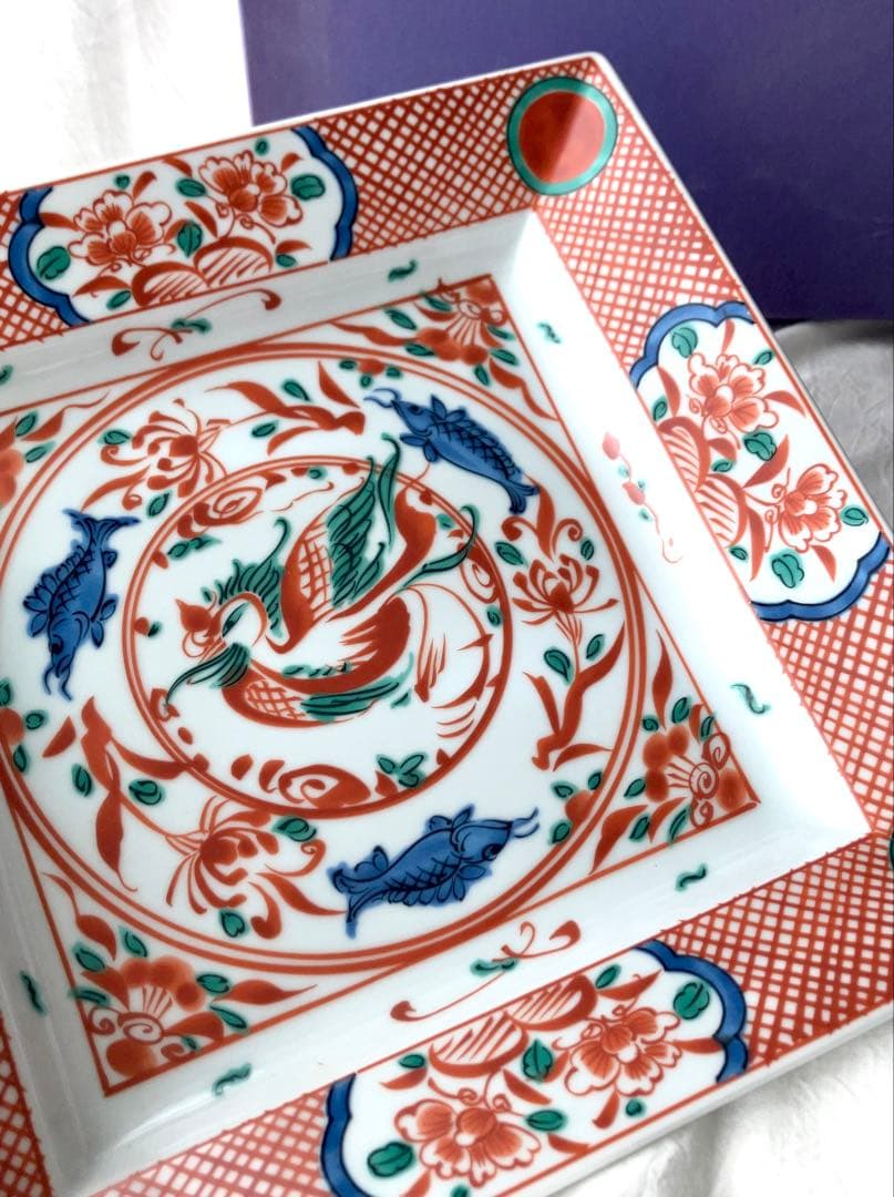 新品未使用＊たち吉 赤絵花鳥 赤玉魚藻紋 大皿／和食器 角皿 レトロ 箱付き