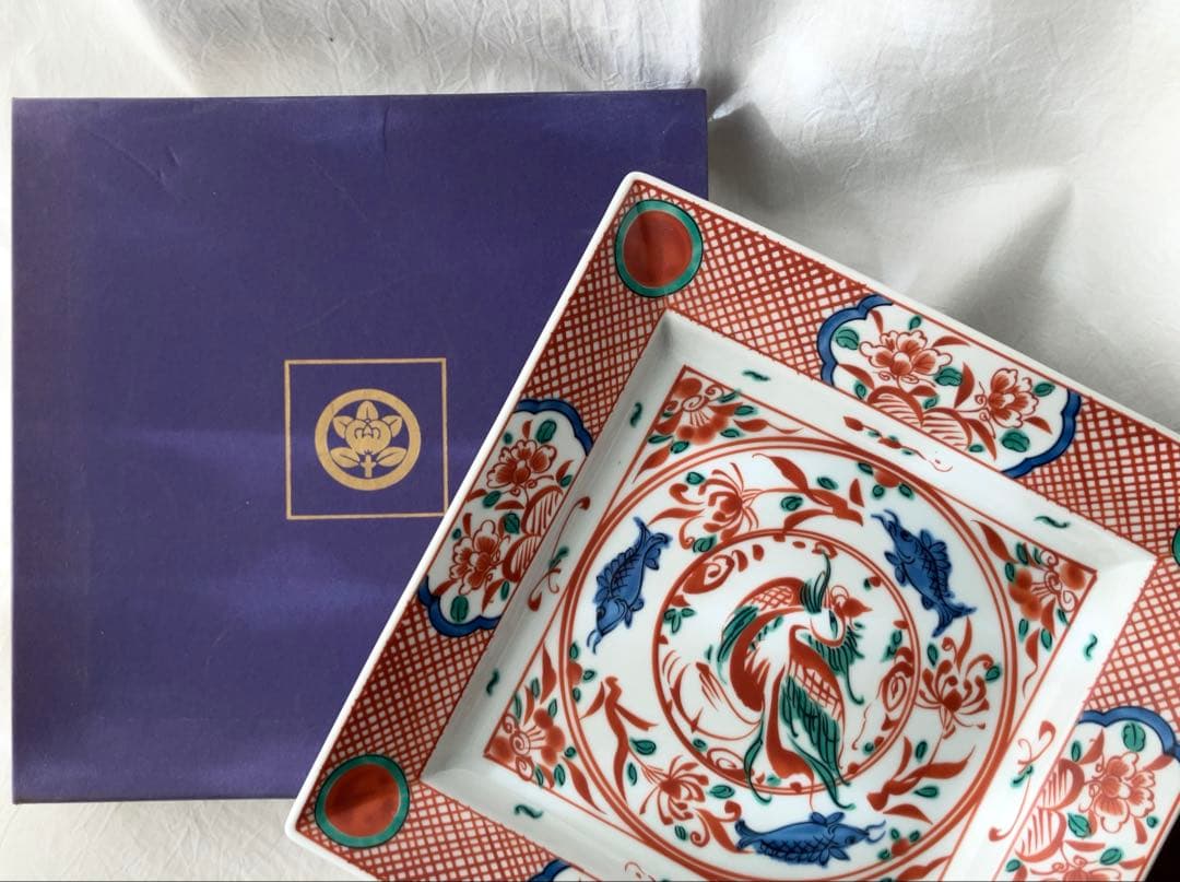 新品未使用＊たち吉 赤絵花鳥 赤玉魚藻紋 大皿／和食器 角皿 レトロ 箱付き