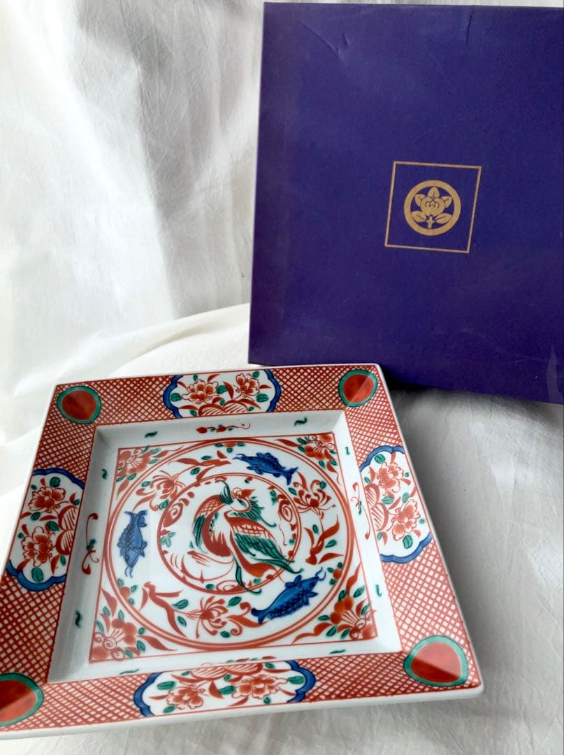 新品未使用＊たち吉 赤絵花鳥 赤玉魚藻紋 大皿／和食器 角皿 レトロ 箱付き