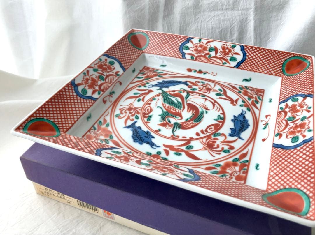 新品未使用＊たち吉 赤絵花鳥 赤玉魚藻紋 大皿／和食器 角皿 レトロ 箱付き
