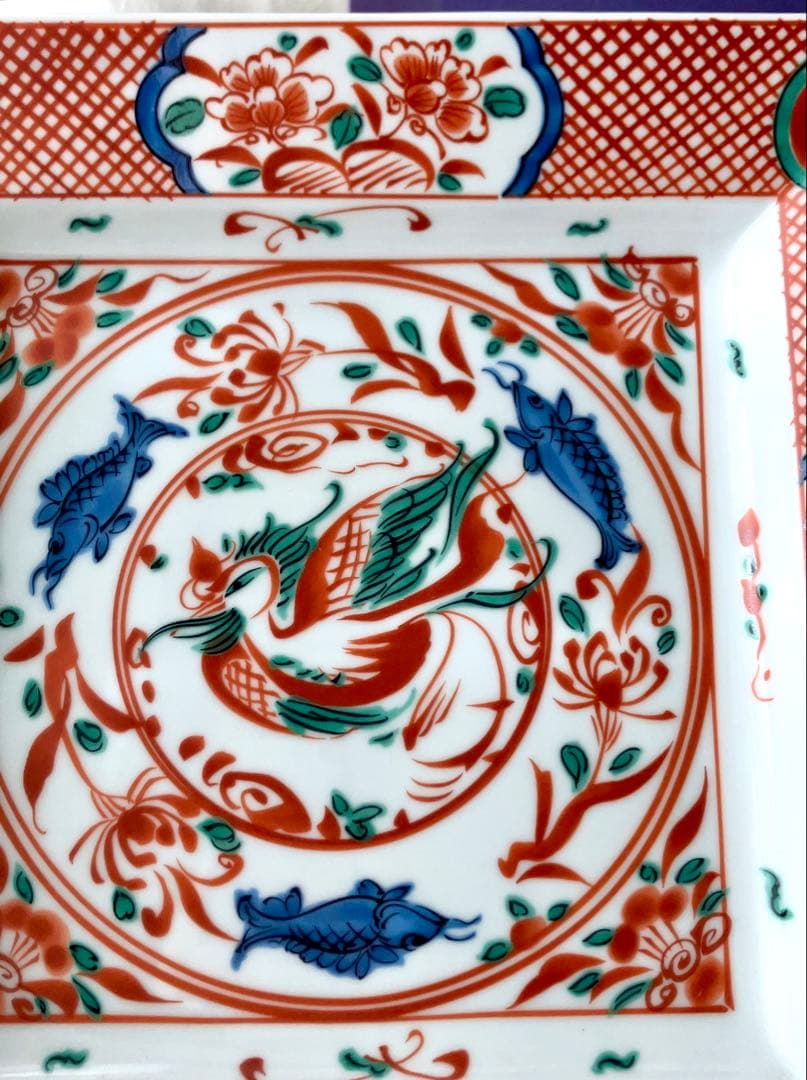 新品未使用＊たち吉 赤絵花鳥 赤玉魚藻紋 大皿／和食器 角皿 レトロ 箱付き