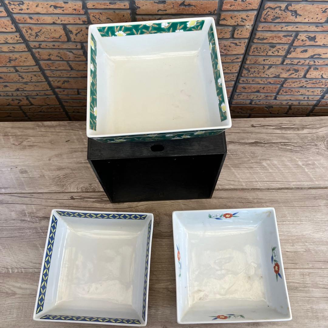 E-2 美濃焼 吾山窯 角鉢 3客セット 色絵 花鳥文 盛り鉢 盛付皿 和食器