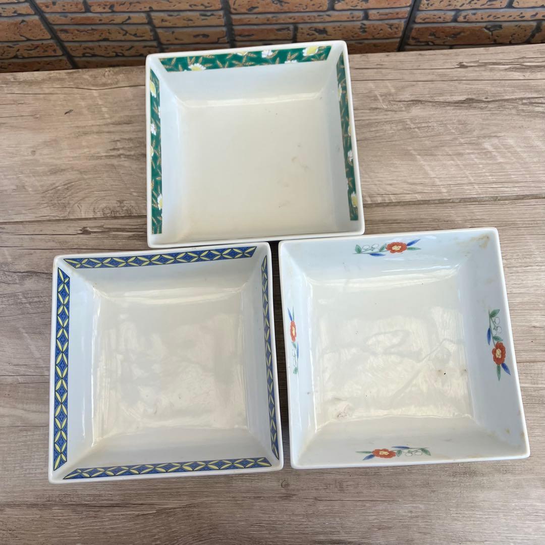 E-2 美濃焼 吾山窯 角鉢 3客セット 色絵 花鳥文 盛り鉢 盛付皿 和食器
