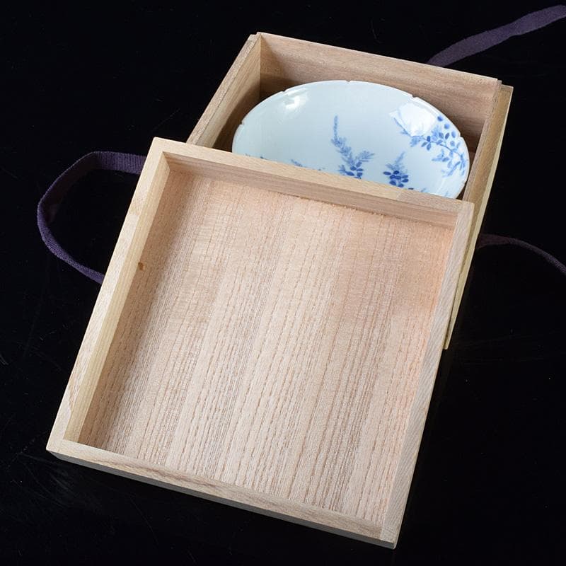 鍋島焼　染付　萩文　五寸皿　輪花皿　時代箱　V　R8110