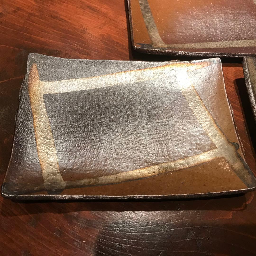 波多野正典　作　茶色と金色のストライプ 四角形プレート 5枚セット　A3