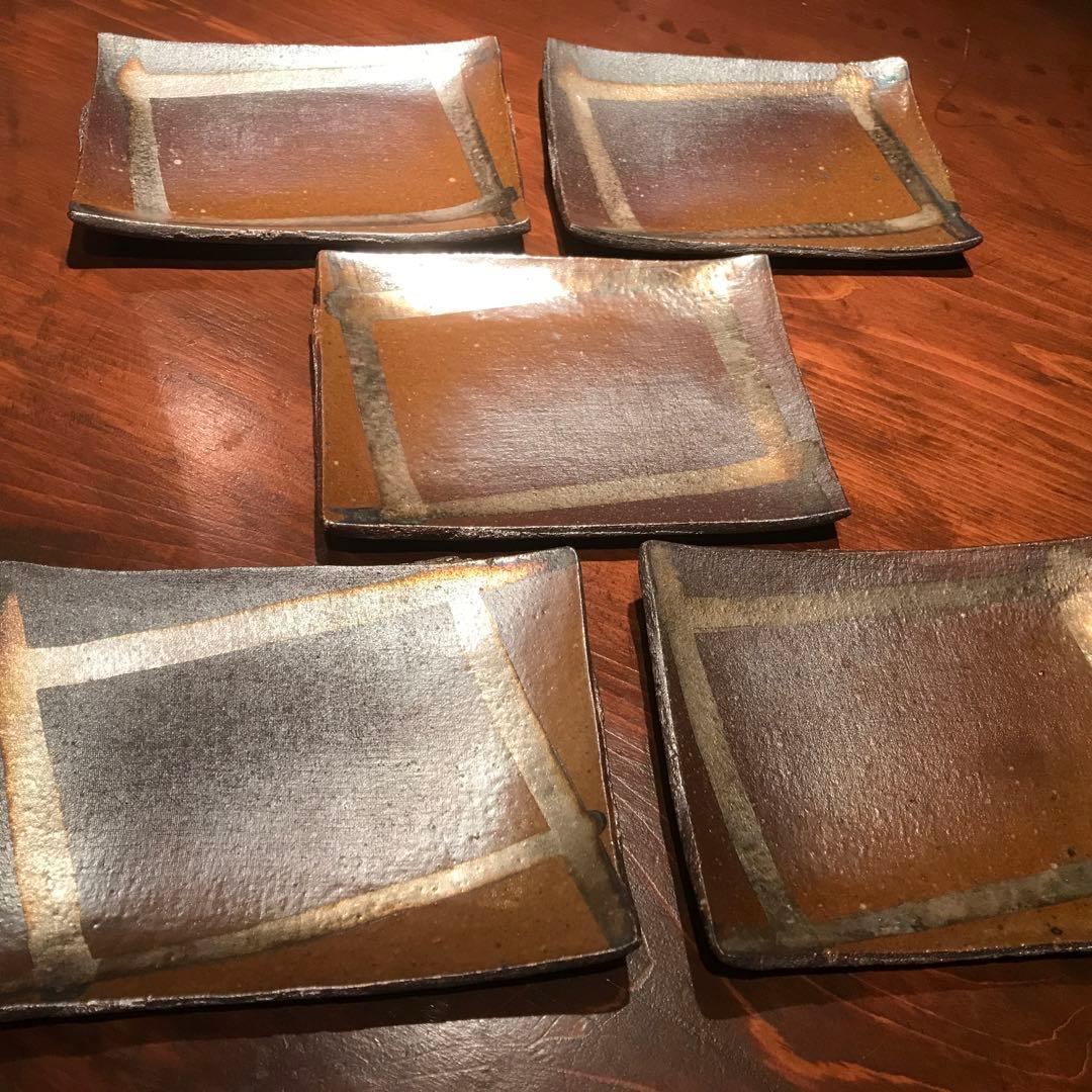 波多野正典　作　茶色と金色のストライプ 四角形プレート 5枚セット　A3