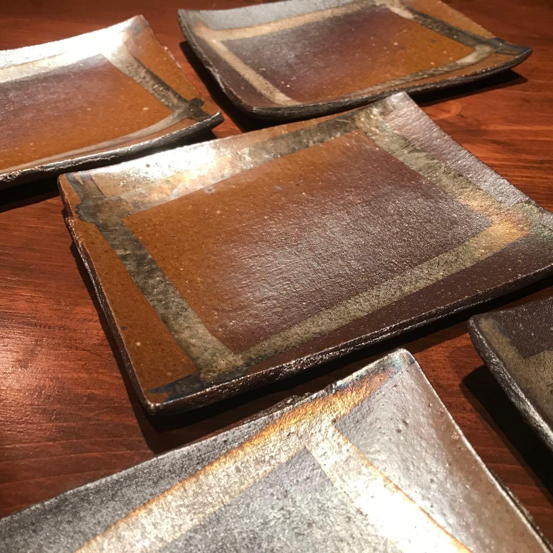 波多野正典　作　茶色と金色のストライプ 四角形プレート 5枚セット　A3