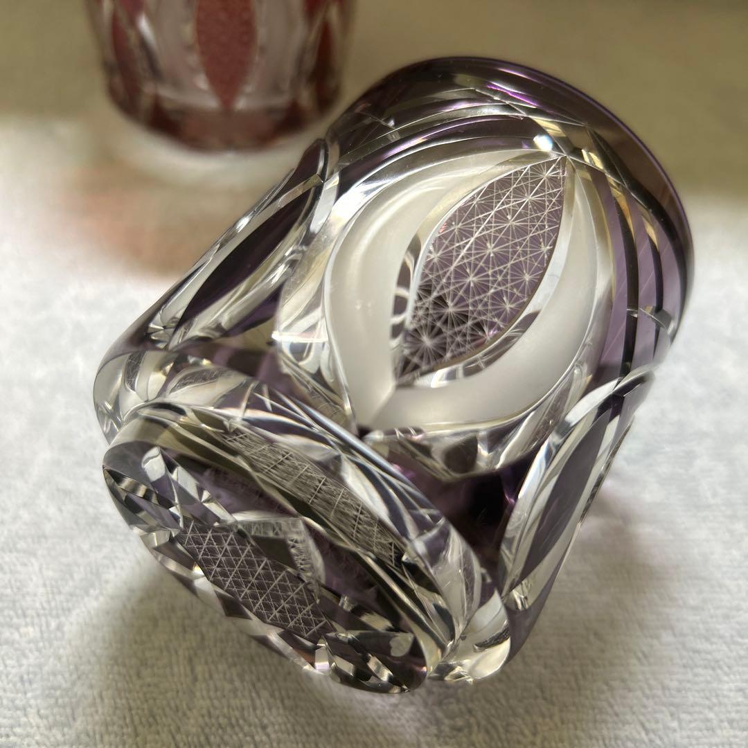 江戸切子グラス2個　赤　紫　菊繋ぎ