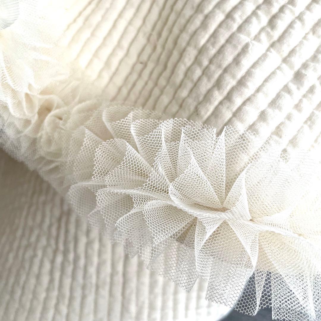 チュールフリル付き丸底マルシェバッグ　ヌビバッグ　アイボリー　ハンドメイド