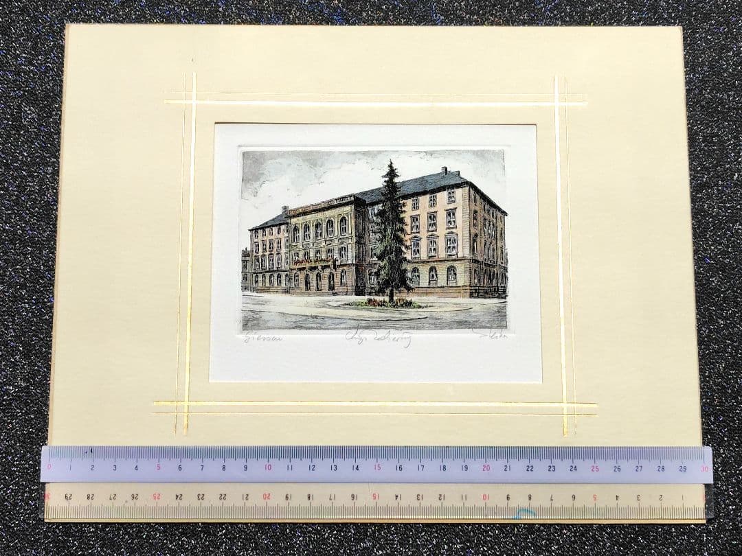 ドイツ　オリジナルのエッチング　版画　建物の絵　ギーセン大学本館