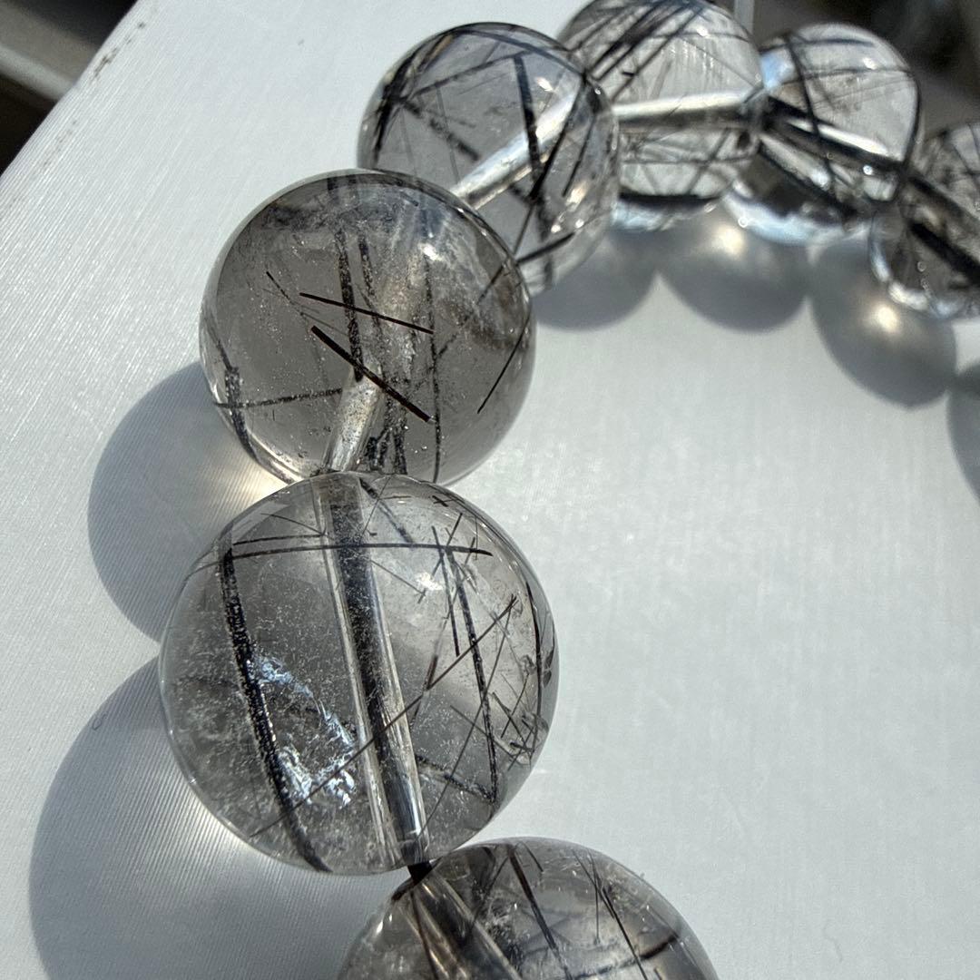 大玉 ブラックルチル 15mm 透明 太針 天然石ブレスレット