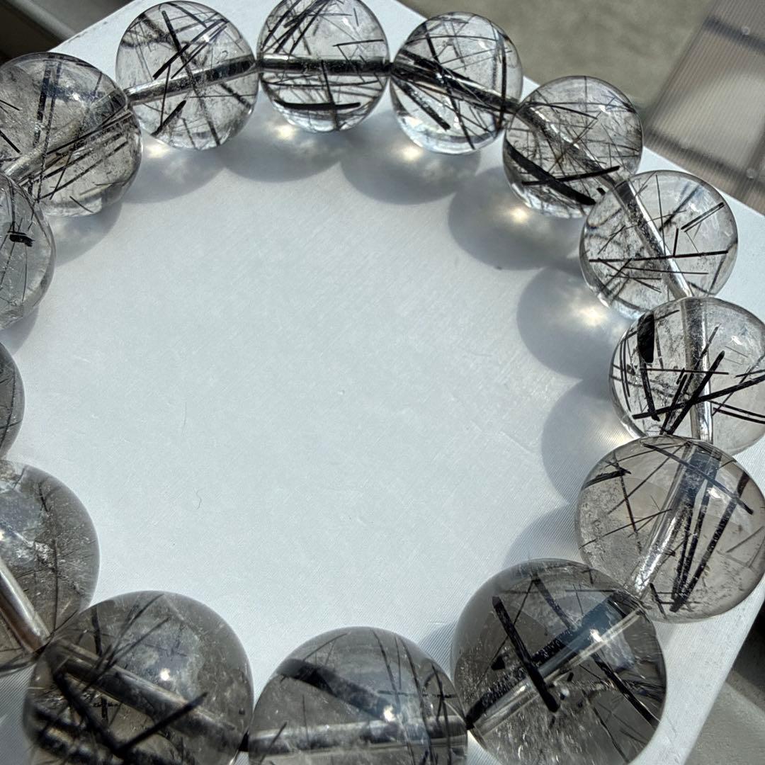 大玉 ブラックルチル 15mm 透明 太針 天然石ブレスレット