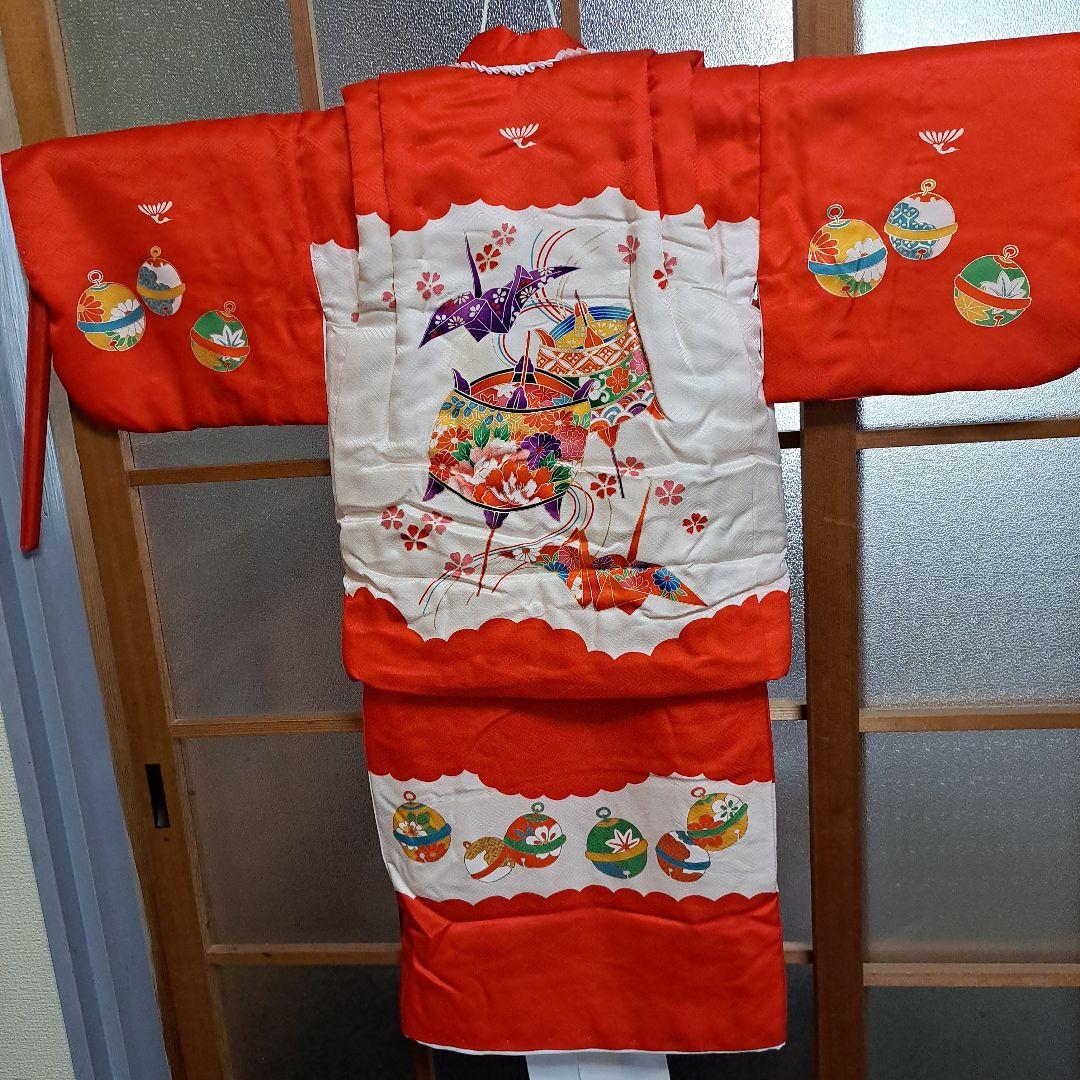 新品　七五三　手縫正絹被布　正絹着物　草履、西陣織手提　セット　共箱入　三歳児用