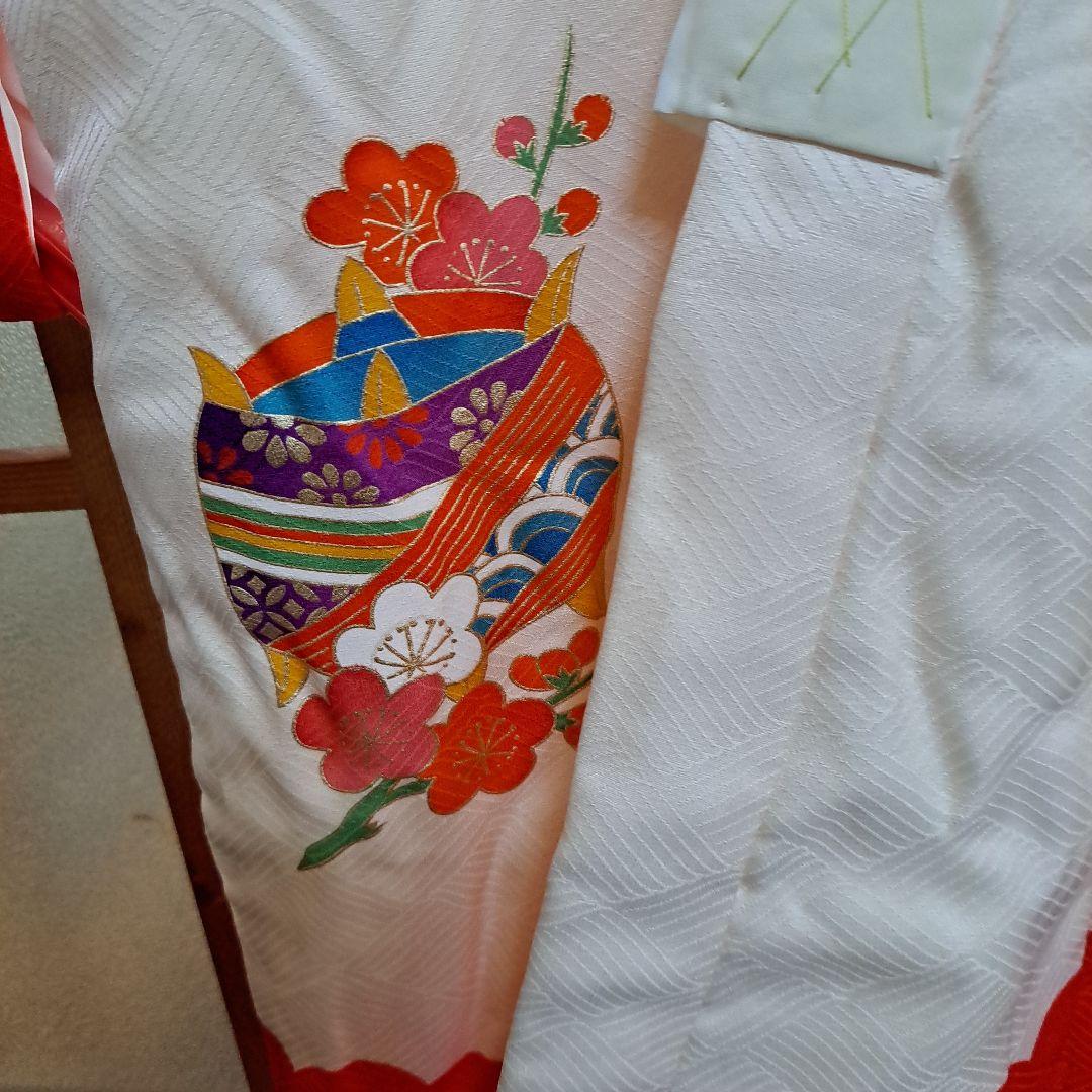 新品　七五三　手縫正絹被布　正絹着物　草履、西陣織手提　セット　共箱入　三歳児用