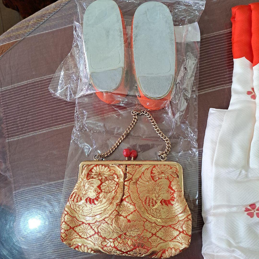 新品　七五三　手縫正絹被布　正絹着物　草履、西陣織手提　セット　共箱入　三歳児用