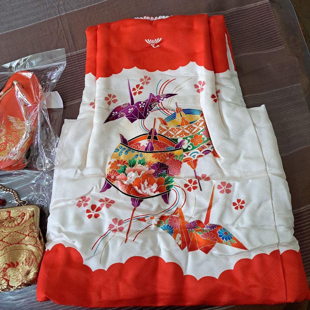 新品　七五三　手縫正絹被布　正絹着物　草履、西陣織手提　セット　共箱入　三歳児用