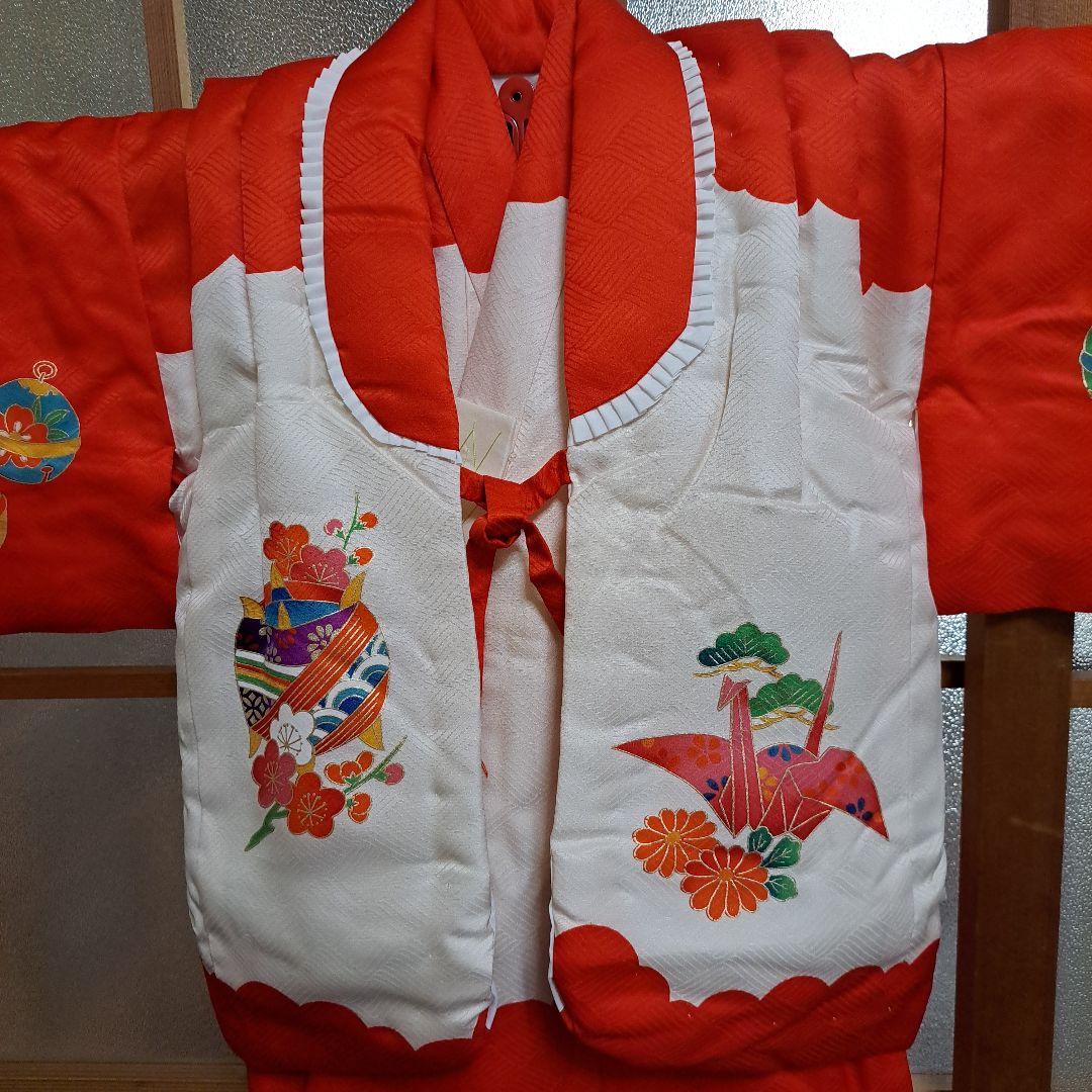 新品　七五三　手縫正絹被布　正絹着物　草履、西陣織手提　セット　共箱入　三歳児用