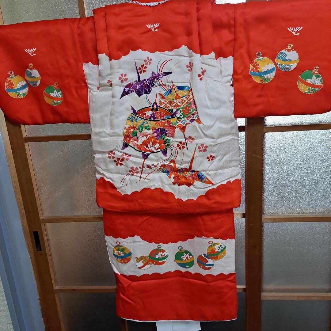 新品　七五三　手縫正絹被布　正絹着物　草履、西陣織手提　セット　共箱入　三歳児用
