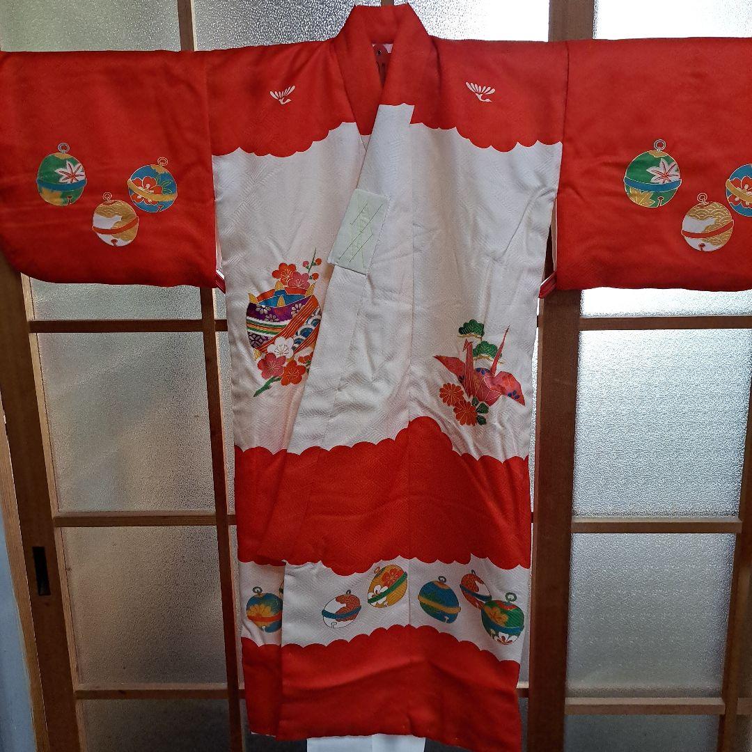 新品　七五三　手縫正絹被布　正絹着物　草履、西陣織手提　セット　共箱入　三歳児用