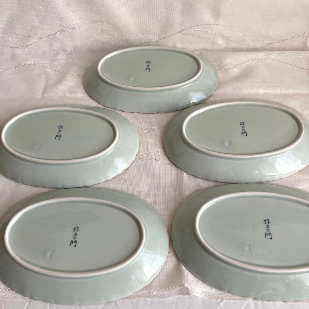 【新品未使用】有田焼　弥左衛門窯　金彩菊紋楕円　銘々皿　五客揃