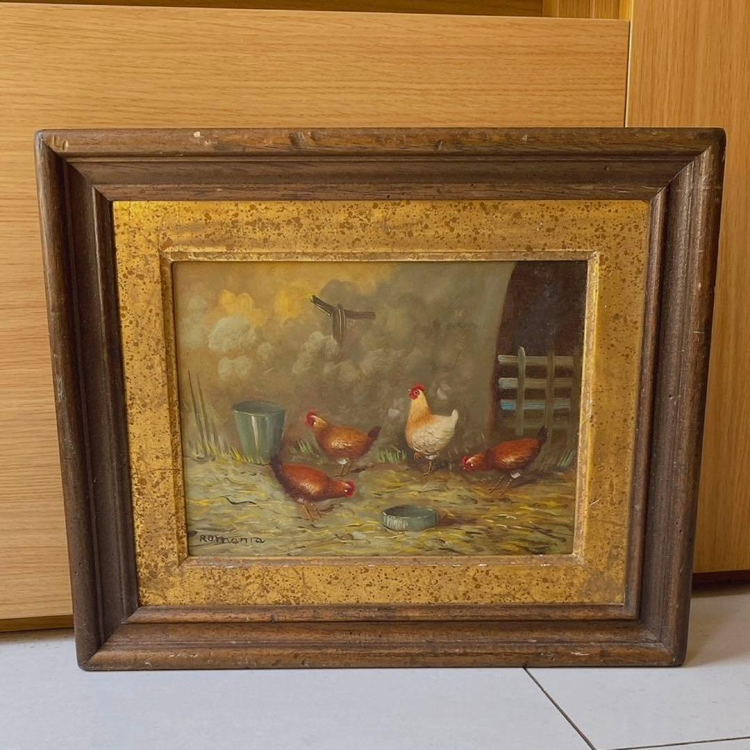 鶏の絵画 木製フレーム付き　アンティーク