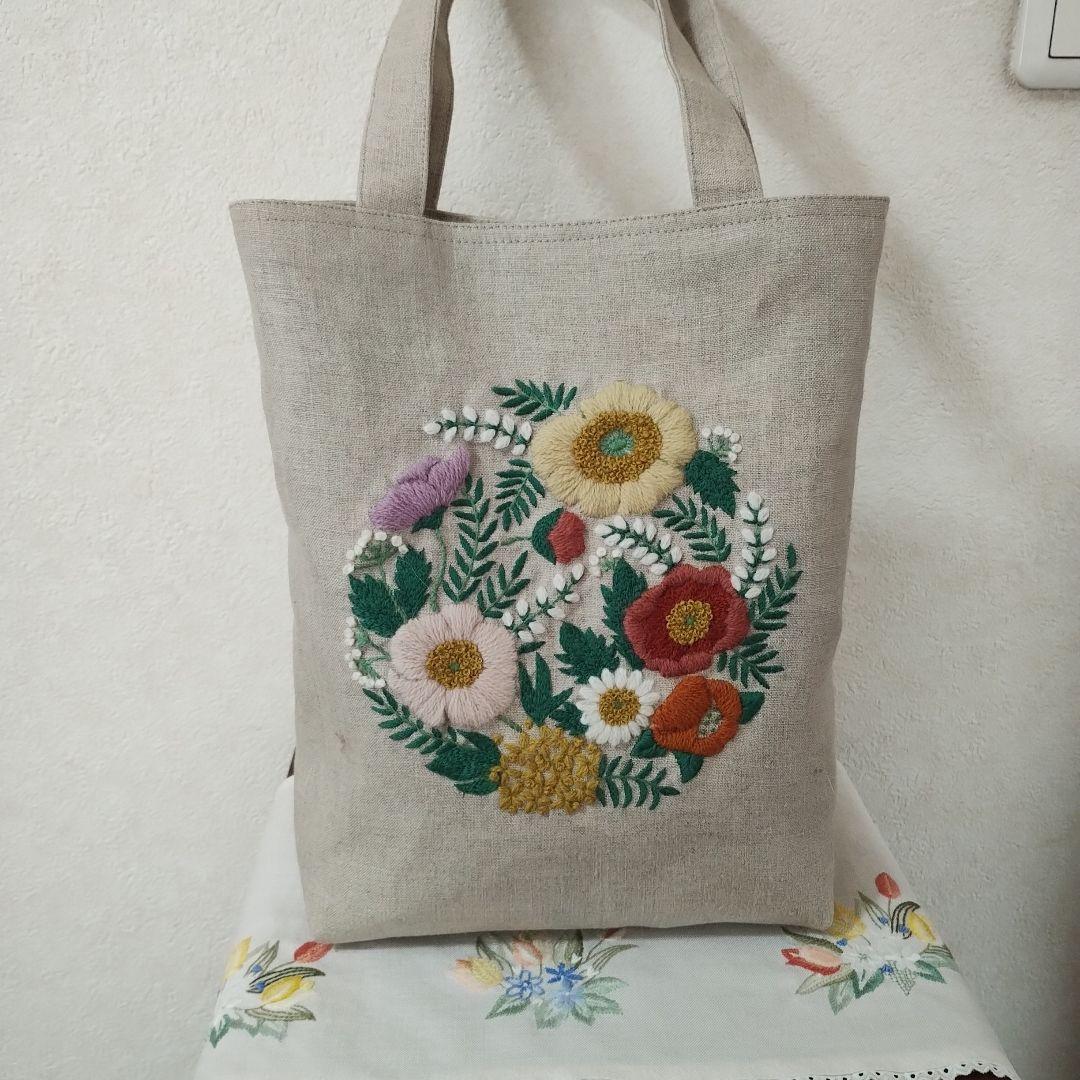 ハンドメイド ウ―ル刺繍 ポピ―のト―トバック