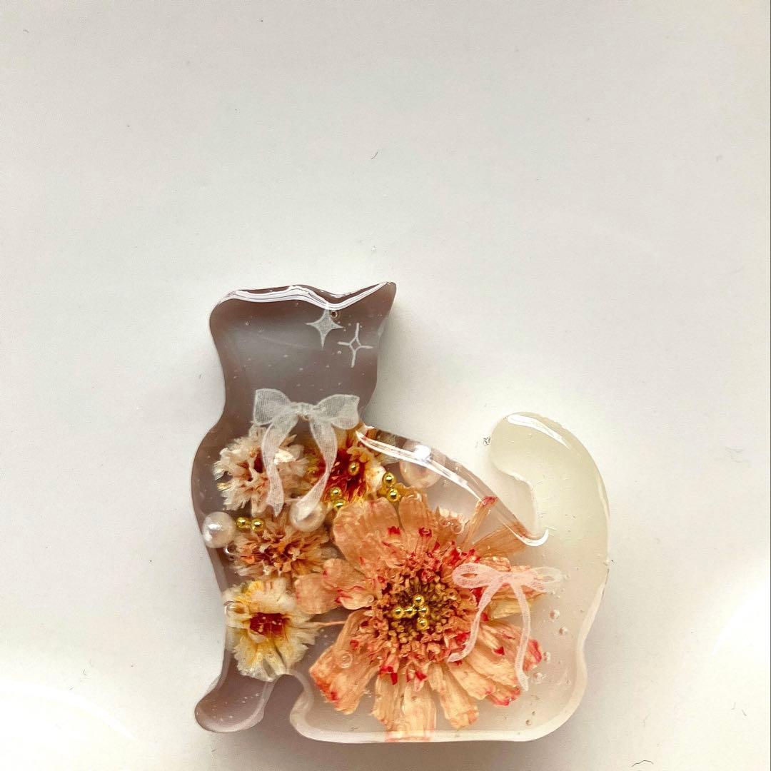 レジン　ヘアゴム　猫　ブラウン系　ドライフラワー