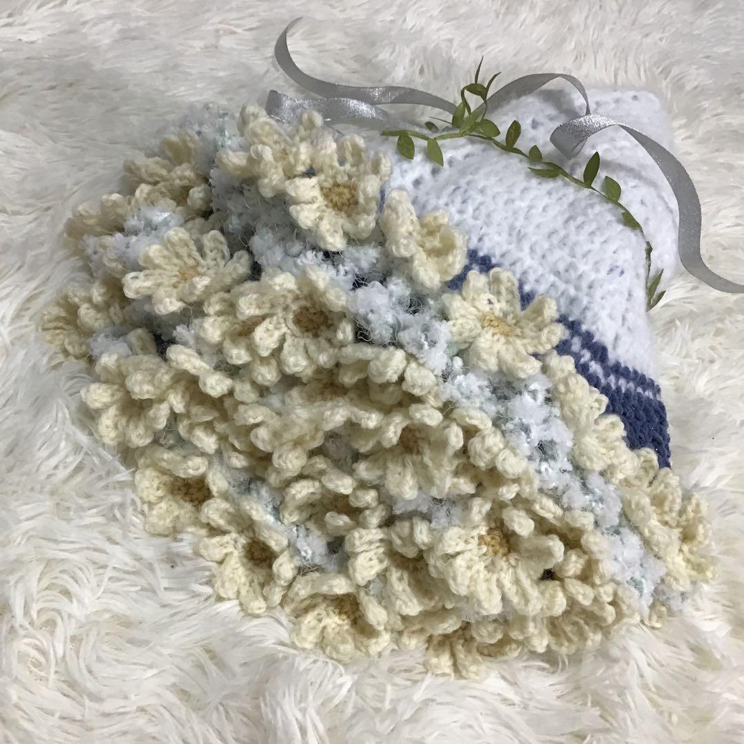 花束ブランケット　キラキララメ入り　秋桜　一点物　手編み