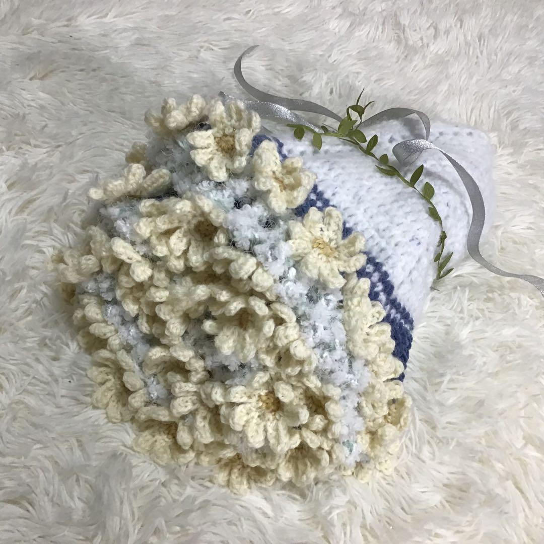 花束ブランケット　キラキララメ入り　秋桜　一点物　手編み