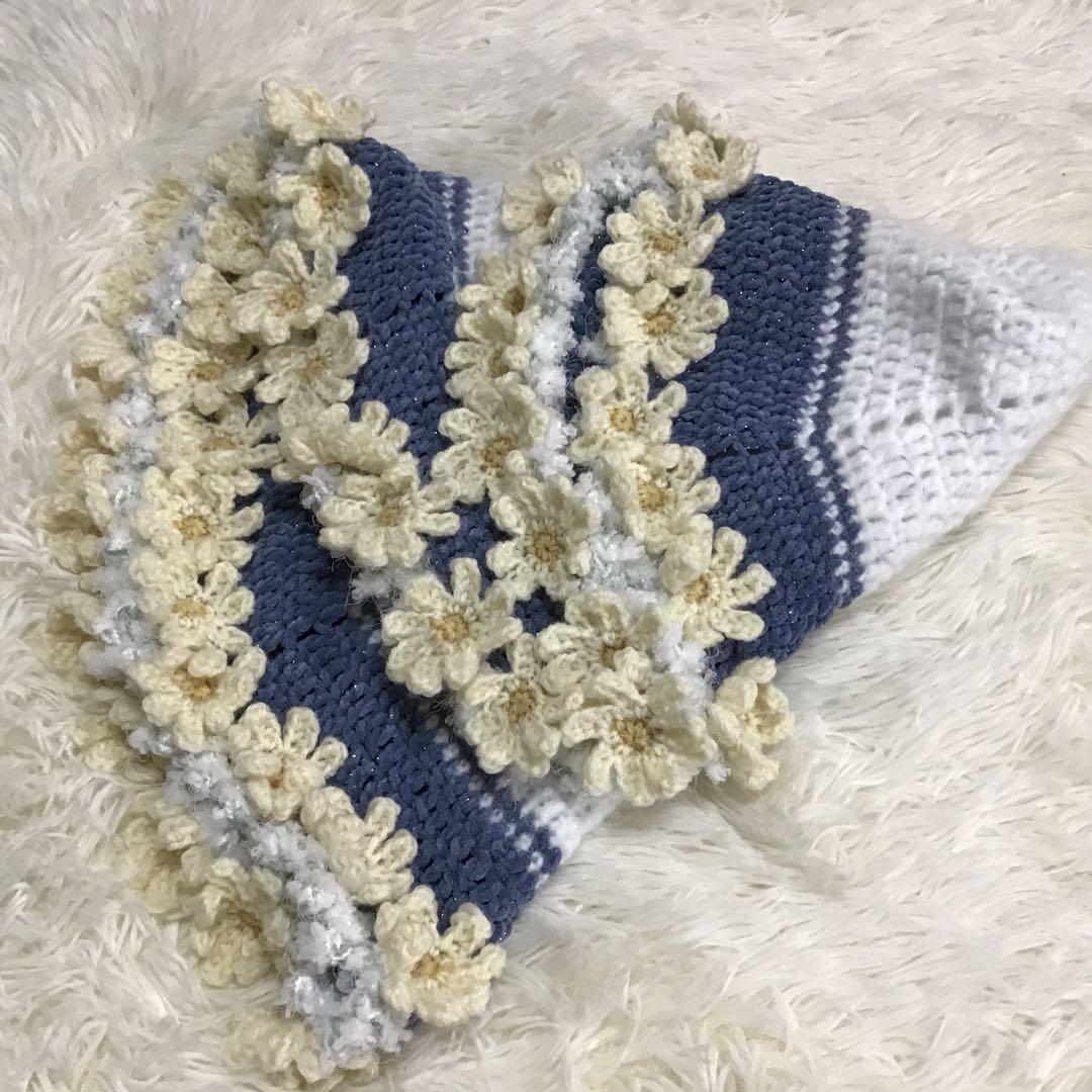 花束ブランケット　キラキララメ入り　秋桜　一点物　手編み