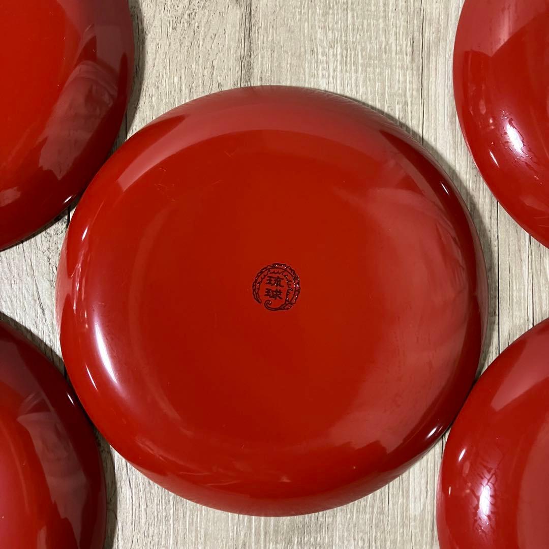 E-1 【未使用】琉球漆器 銘々皿 5枚セット ハイビスカス 堆錦 朱塗り果物皿