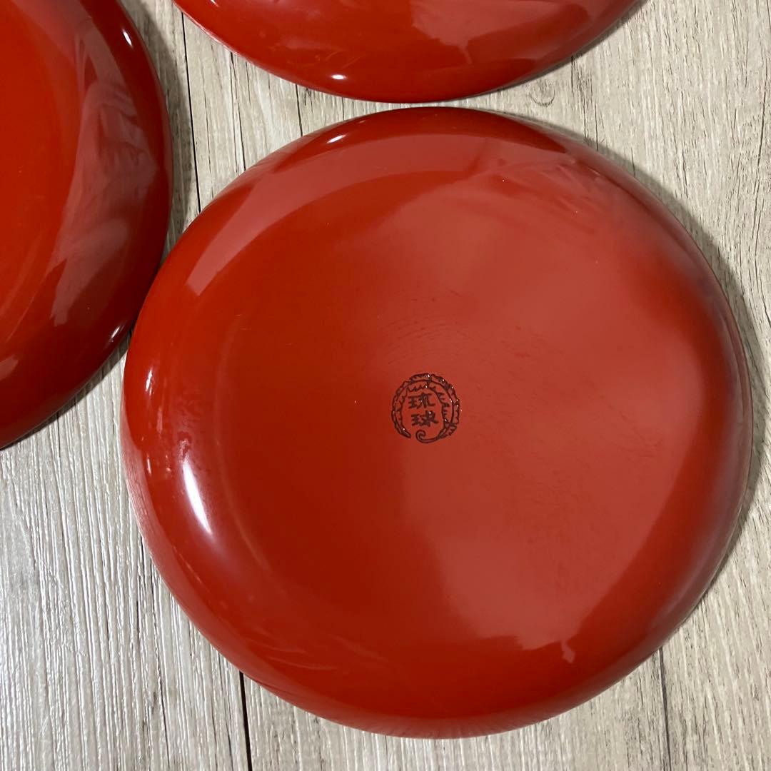 E-1 【未使用】琉球漆器 銘々皿 5枚セット ハイビスカス 堆錦 朱塗り果物皿