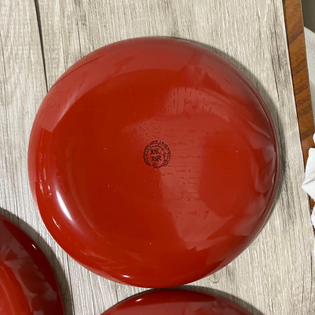 E-1 【未使用】琉球漆器 銘々皿 5枚セット ハイビスカス 堆錦 朱塗り果物皿