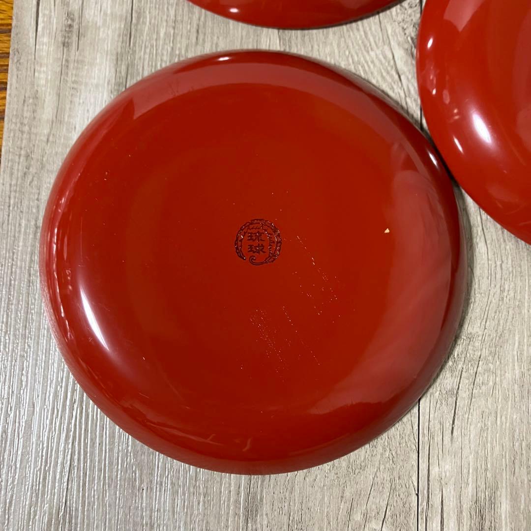 E-1 【未使用】琉球漆器 銘々皿 5枚セット ハイビスカス 堆錦 朱塗り果物皿