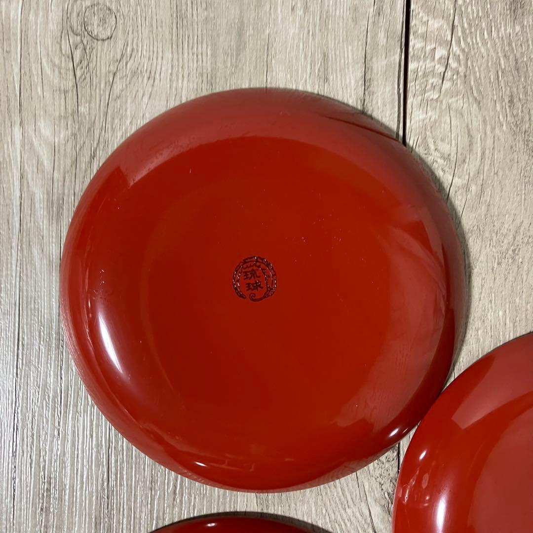 E-1 【未使用】琉球漆器 銘々皿 5枚セット ハイビスカス 堆錦 朱塗り果物皿