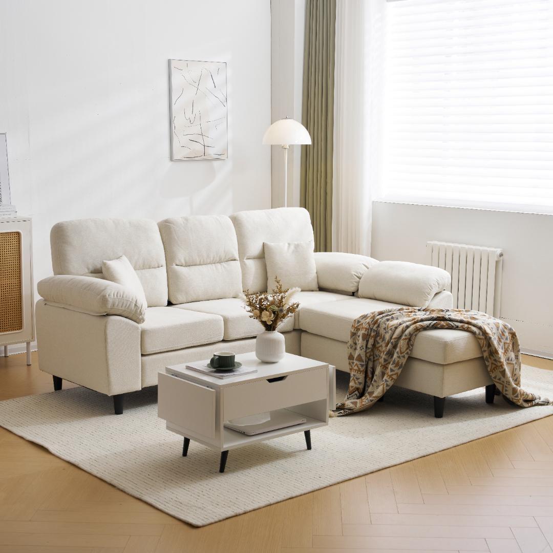 限定セール！5人掛けソファセット　L字型　クッション付き　肘付き　WHITE