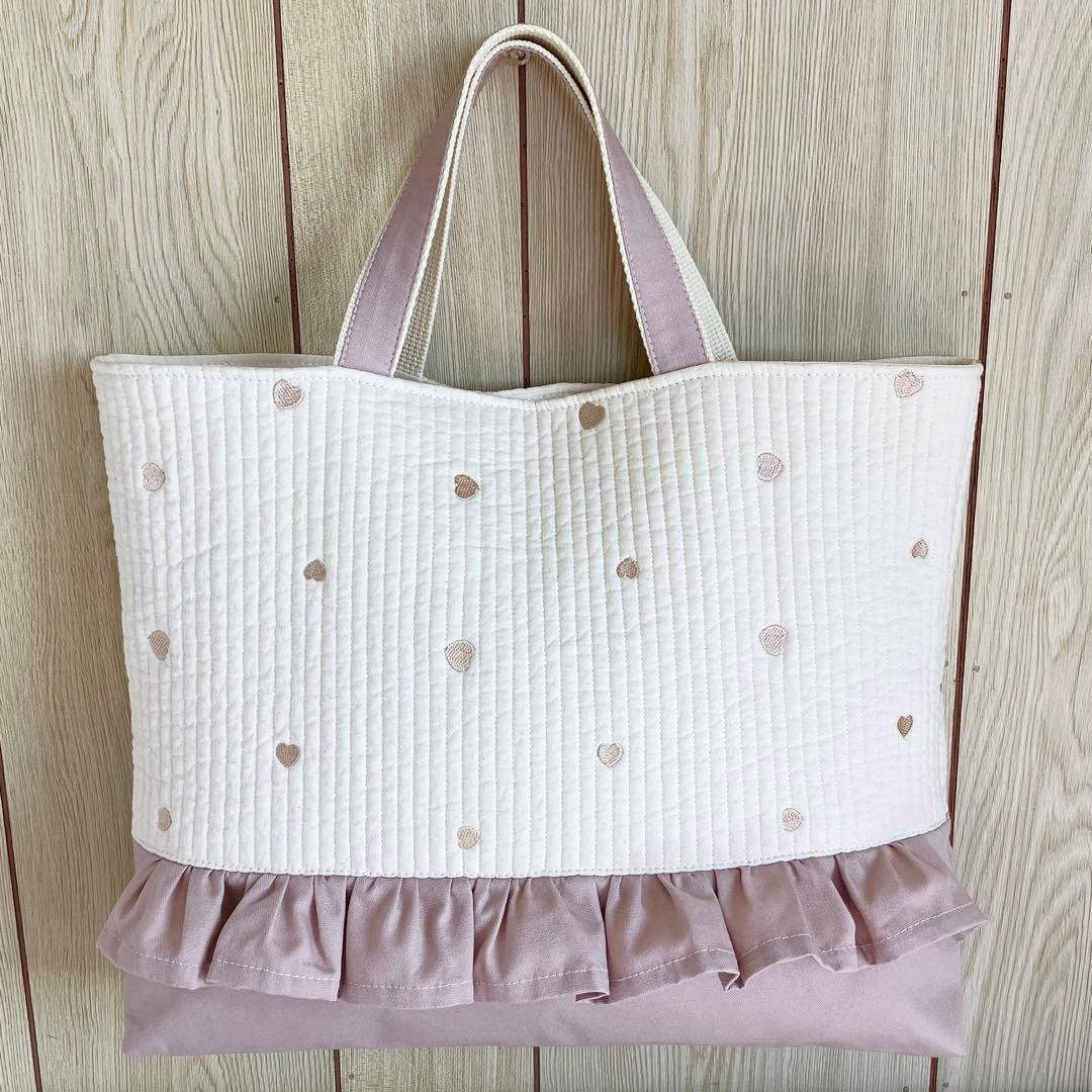 ハート ヌビ フリル付きレッスンバッグ イブル ピンク 入園入学 手提げ 図書袋