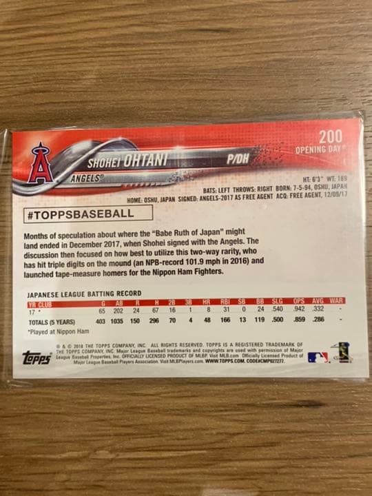 Topps opening day 2018 大谷翔平 ルーキーカード #200