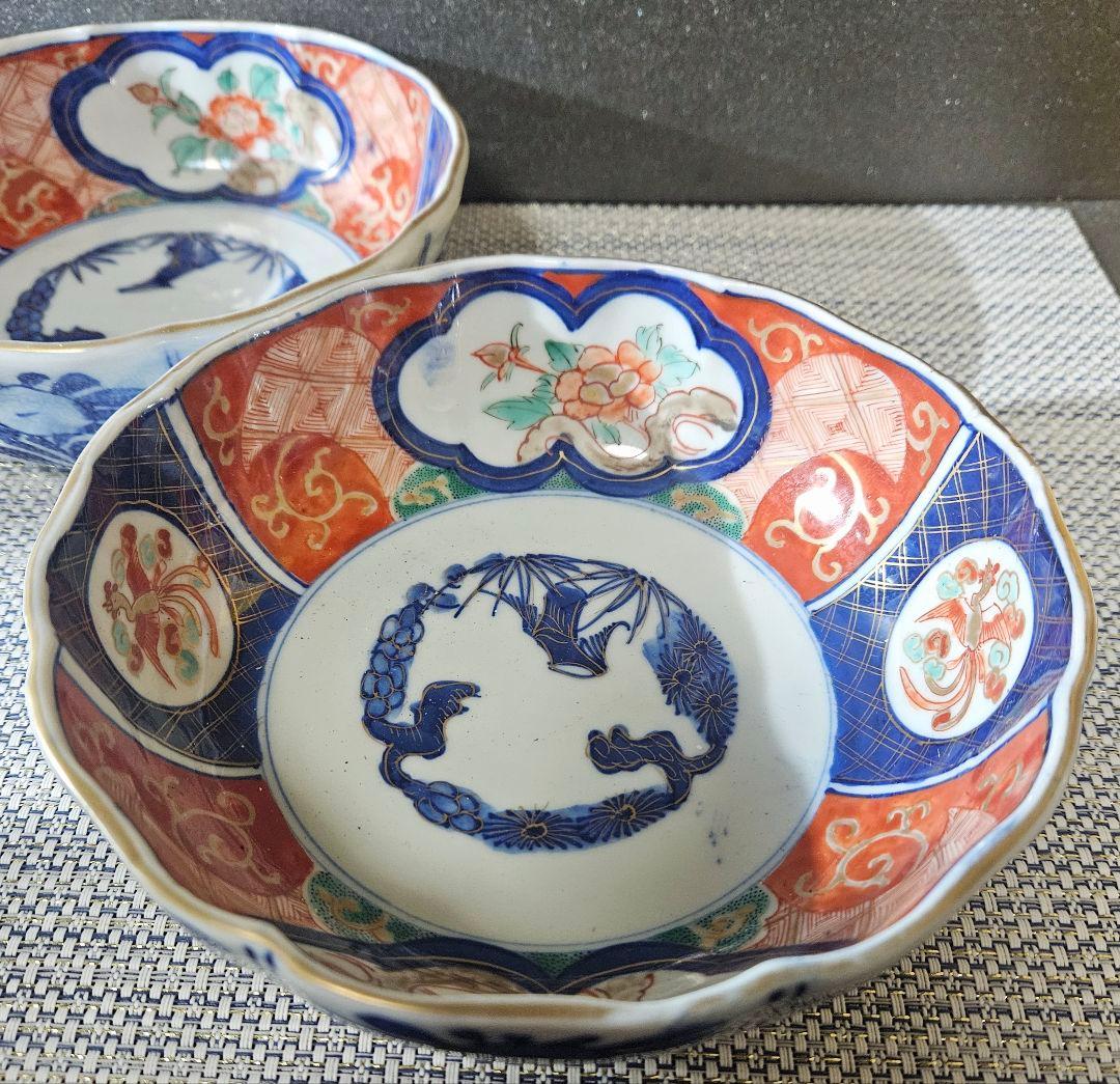 上作品❗️明治時代　古伊万里　錦手　花に鳳 凰　大振なます皿2客　径17.6cm