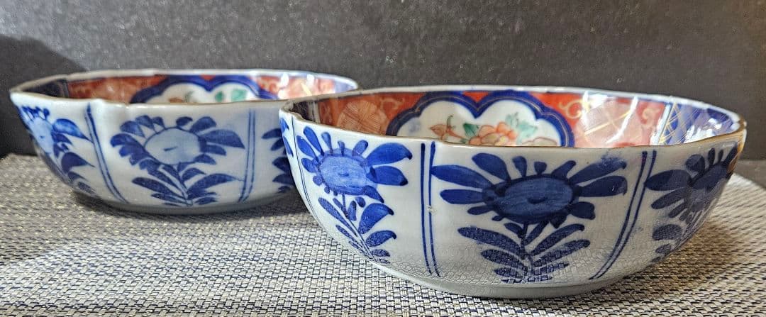 上作品❗️明治時代　古伊万里　錦手　花に鳳 凰　大振なます皿2客　径17.6cm