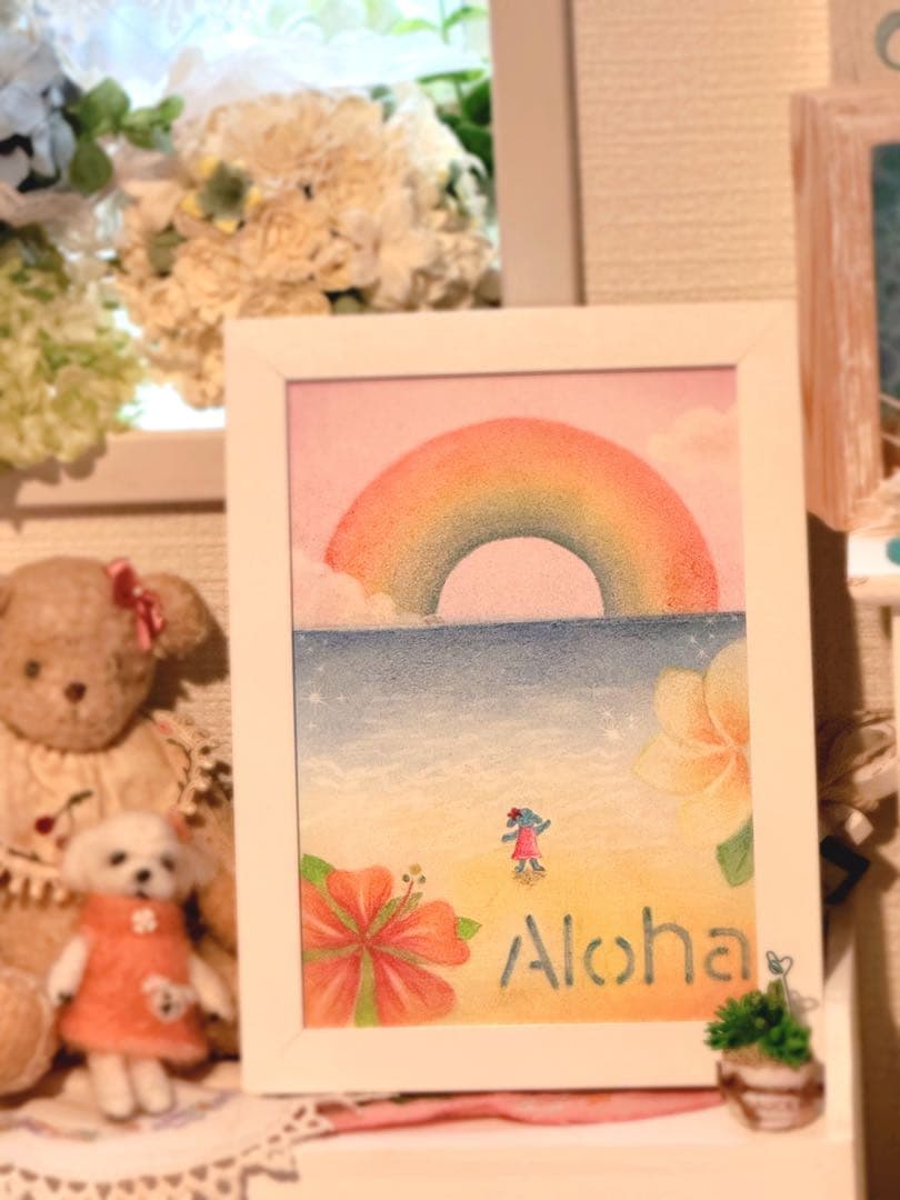 ハワイ風景パステル画とオリジナルキャラクター　プードルのAnelaちゃんセット